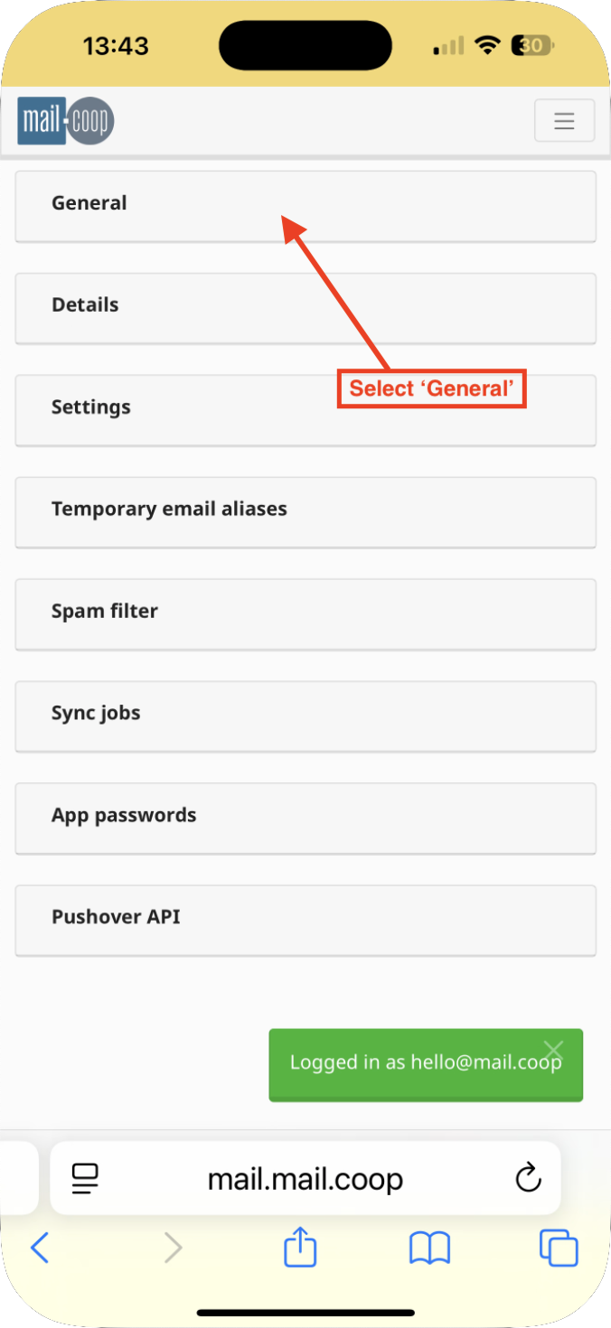 Dashboard with General option