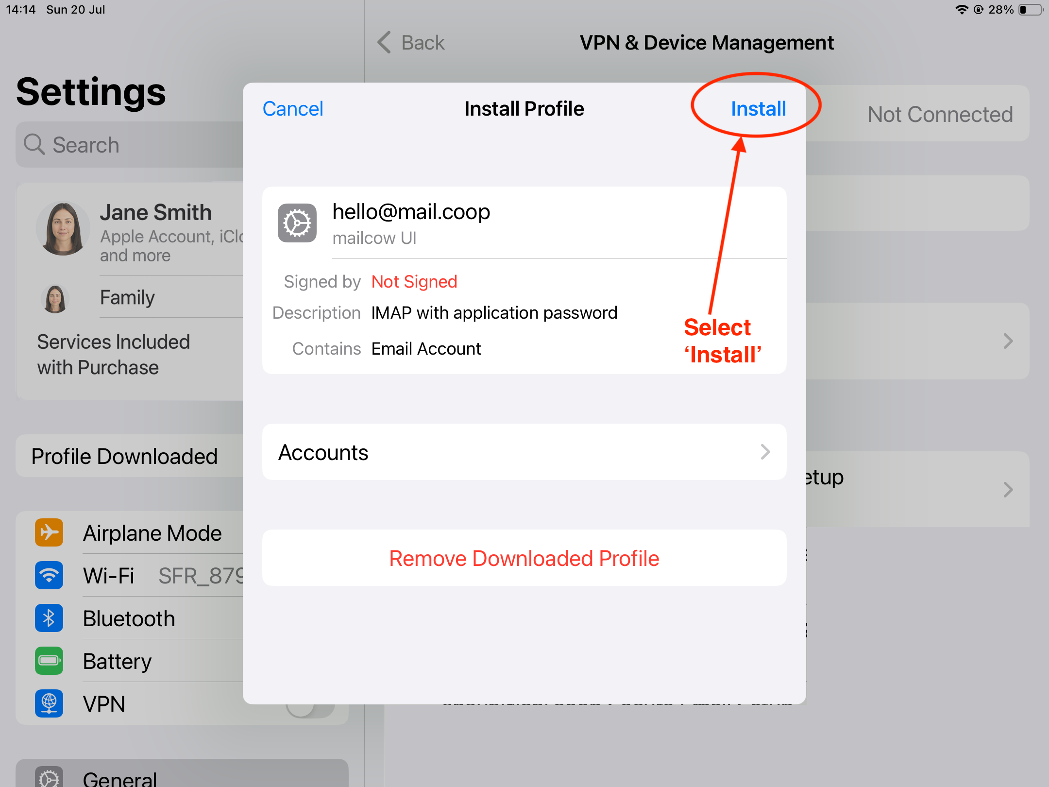 Settings install dialogue