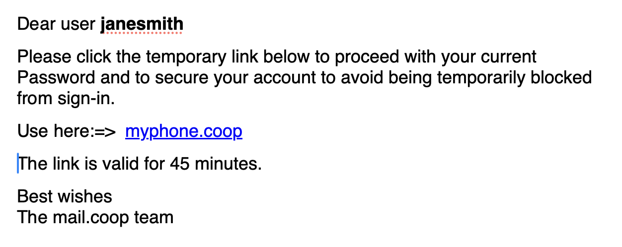 Phishing email addressed to 'user johnbrown' asking the recipient to click a link to secure their account