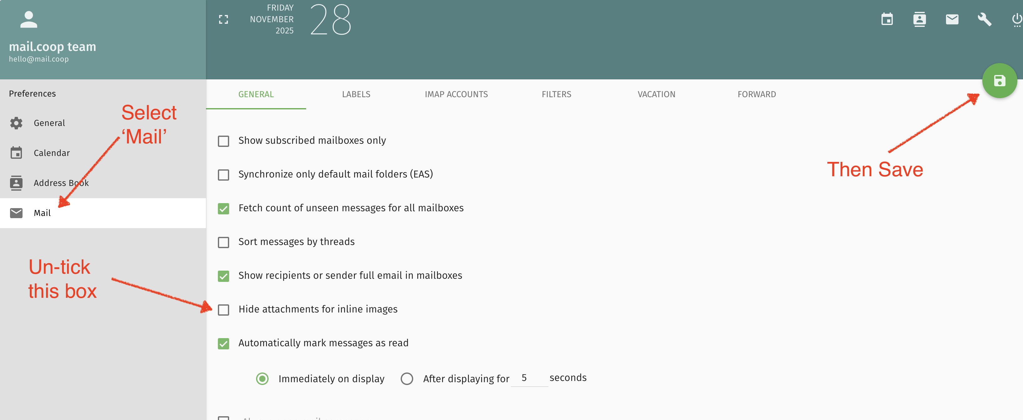 Preferences-Mail screen